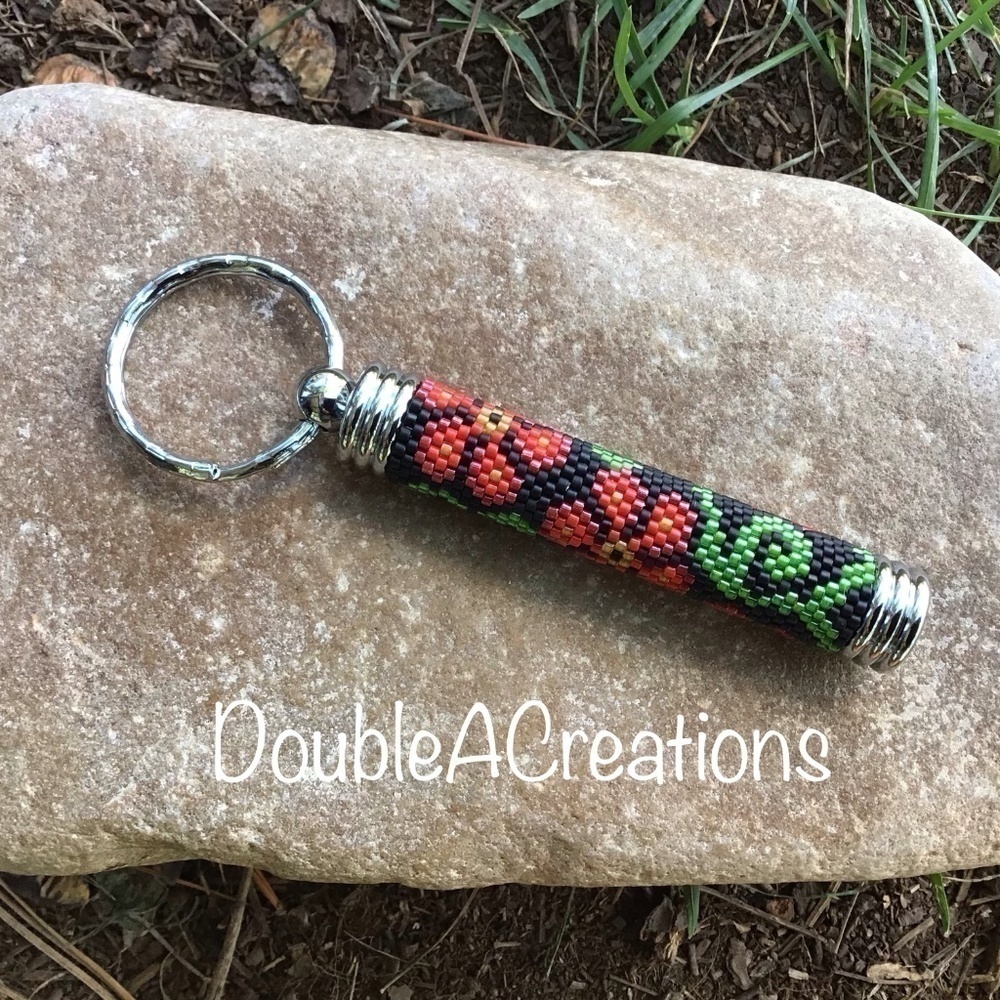 Red Flowers Hidden Compartment Beaded Keychain, Handmade